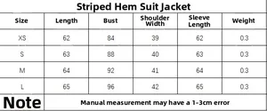 Size chart showing XS to L measurements for stripe hem blazer with bust and shoulder details