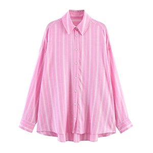 Women's pink and white striped oversized long sleeve shirt with classic button-down collar