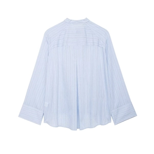 Women's light blue striped shirt with standing collar and back box pleat detail