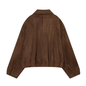 Deep brown faux suede biker jacket featuring a relaxed silhouette and elasticated hem