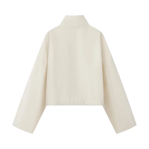Back view of a beige stand-collar cropped jacket with a modern minimalist loose fit