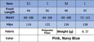Size chart for high waist elastic trousers showing XS to L measurements and polyester fabric