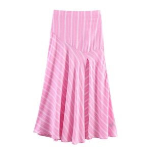 High waist pink and white striped midi skirt with elegant side slit and A-line silhouette