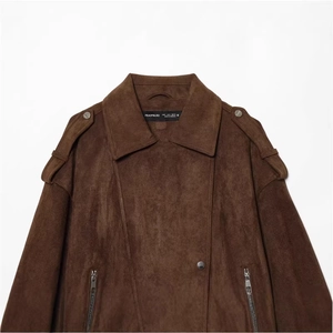Deep brown faux suede biker jacket with notched lapels and metallic zipper details
