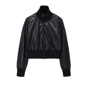Women's black faux leather bomber jacket with ribbed high collar and gold zipper closure
