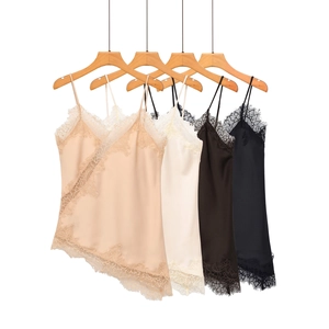 Women Sexy Satin Lace Camisole Tank Top V Neck Asymmetric Hem Spaghetti Strap Sleeveless Solid Color Elegant Summer Shirt