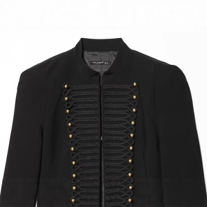 Elegant black military jacket featuring standing collar and golden button details