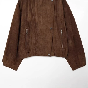 Brown faux suede biker jacket with loose fit, diagonal metal zip and side pockets