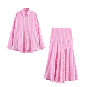 Women's two-piece striped long sleeve shirt and irregular skirt set in pink and white