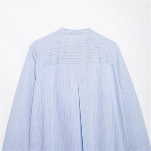 Women's light blue vertical striped oversized shirt featuring back pleat detail
