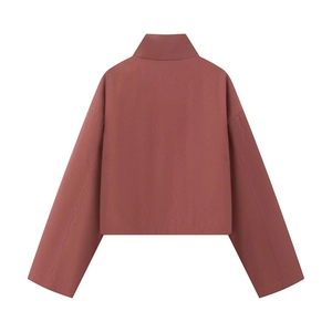 Back view of a cropped terracotta jacket with stand collar and dropped shoulders