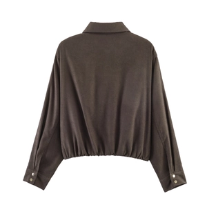 Detailed back view of a dark brown cropped jacket with elastic hem and polo collar