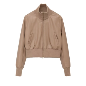 Women's faux leather bomber jacket in light brown with high collar and ribbed cuffs