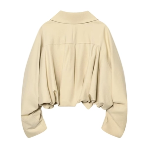Women's light yellow short pleated jacket with elegant polo collar and loose fit back view