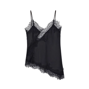 Close-up of black satin camisole featuring delicate eyelash lace trim and asymmetric hem
