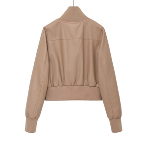 Women's camel faux leather bomber jacket with ribbed collar and cuffs, back view display