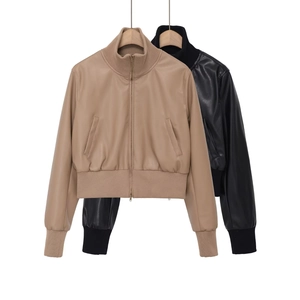 Women's faux leather bomber jacket with stand collar and ribbed trim in khaki and black
