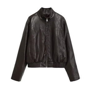 Giacca Bomber in Ecopelle Retrò da Donna Colletto in Piedi Cerniera Capispalla Comodi Marrone Rossastro Vintage Giacca Streetwear