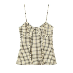 Women Sexy Yellow Plaid Camisole Lace Trim Thin Strap Backless Slim Fit Sleeveless Crop Top Summer Casual Cami