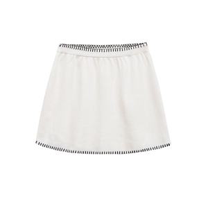 Minimalist white knit A-line skirt with contrast black hand-stitched detailing