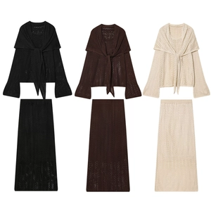 Women Hollow Out Knit Crochet Top And Skirt Pointelle Tie Front Shawl Neckline Long Sleeve Streetwear Comfortable Casual Outfit