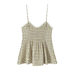 Sexy yellow plaid camisole top for women with white lace trim and smocked back detail
