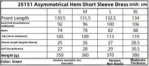 Size chart for green asymmetric short sleeve V-neck dress showing measurements in cm