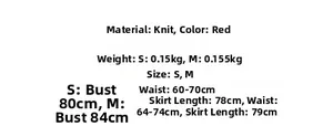 Detailed size chart for red slim fit knit dress with S and M measurements in cm
