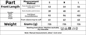 Tableau des tailles pour veste en simili cuir incluant longueur, buste et manches