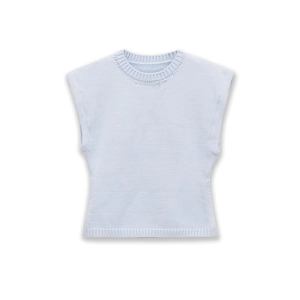 Detailed close-up of light blue knit vest showing ribbed round neck and soft texture