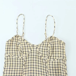 Sexy yellow and black gingham camisole with lace trim and structural pleats for women