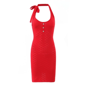 Women Halter Knit Mini Dress Sexy Hollow Out Bow Tie Buttons Slim Fit Red Bodycon Party Club Sleeveless Stretch Dress