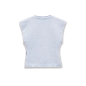 Detail of light blue knit vest featuring ribbed crew neck and soft sleeveless texture