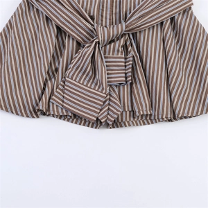 Women's vertical stripe shorts featuring a stylish waist tie bow in brown and blue