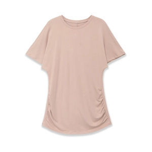 Women's crew neck short sleeve top in dusty pink with side ruching and drop shoulder detail