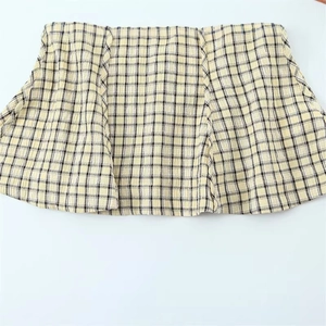 Women's chic beige plaid top with fine checkered pattern and A-line silhouette style