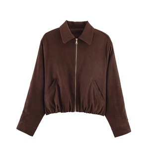 Women's dark brown faux suede zip-up jacket with polo collar and elasticated waist hem