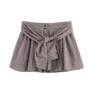 Women's casual A-line striped mini shorts with bow tie belt and button detail