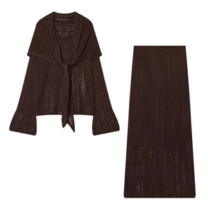 Detail of dark brown crochet knit set featuring V-pattern texture and hollowed-out design