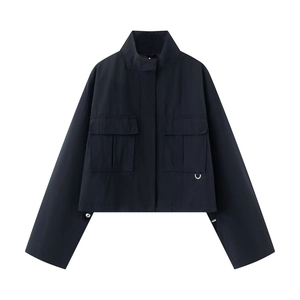 Women's black cropped stand-collar utility jacket with flap pockets and D-ring detail