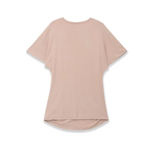 Slim fit nude short sleeve two-piece set with layered design and curved hem flat lay