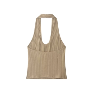Detail of khaki ribbed knit halter top featuring a deep U-neck and vertical textures