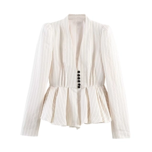Women's Striped Peplum Blazer Street Fashion V-Neck Long Sleeve Suit Jacket With Buttons Shoulder Pads Office Wear Tops