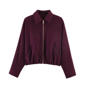 Women's casual deep purple faux suede zip-up jacket with classic polo collar