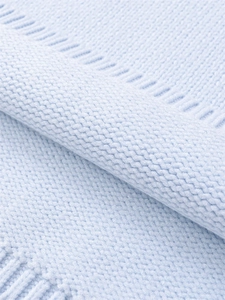Detailed macro shot of light blue knit fabric with openwork patterns and soft texture