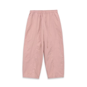 Women's dusty pink wide leg cargo pants with elastic drawstring waist and panel detail