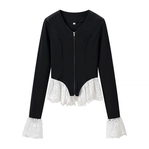 Women Fashion Lace Patchwork Long Sleeve T-Shirt Slim Fit Black White Zipper V-Neck Casual Streetwear Base Layer Top