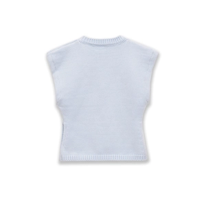 Light blue knitted sleeveless vest with ribbed crew neck and minimalist texture