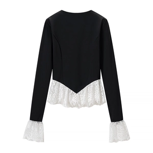 Women's black long sleeve top with white lace hem and elegant V-shaped back tailoring