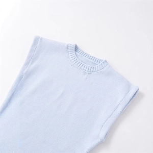 Minimalist light blue round neck sleeveless knit sweater vest with ribbed texture